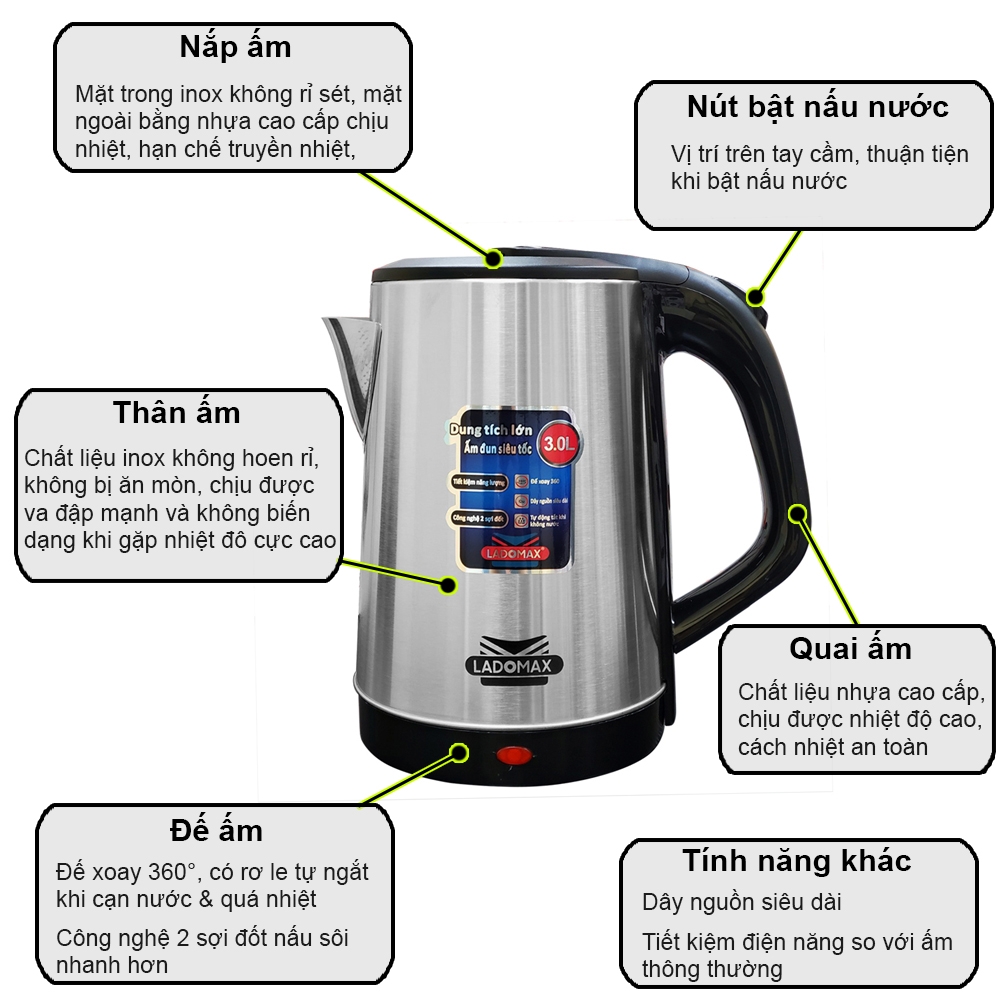 Ấm đun siêu tốc 3.0L Ladomax Ha-881 (1tx16)