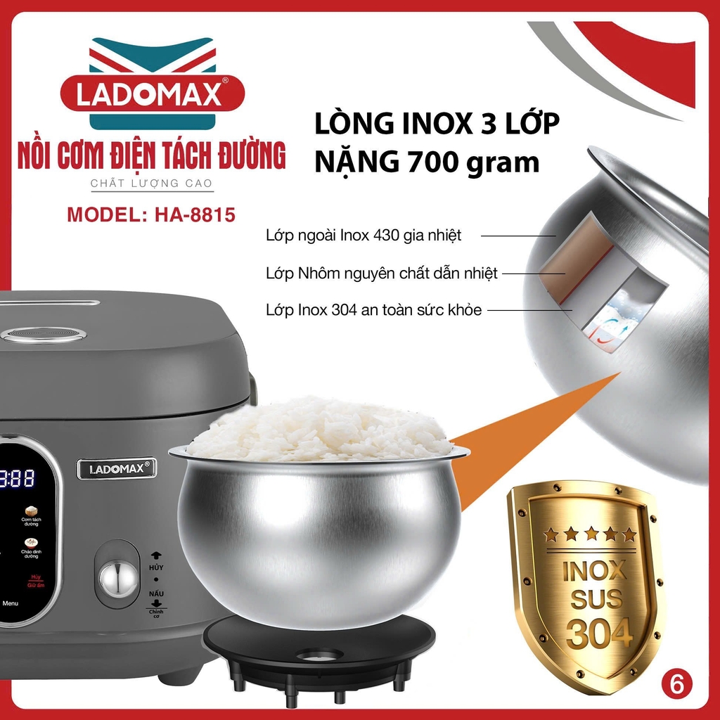 Nồi cơm điện tách đường 1.5L Ladomax Ha-8815, Lòng Inox