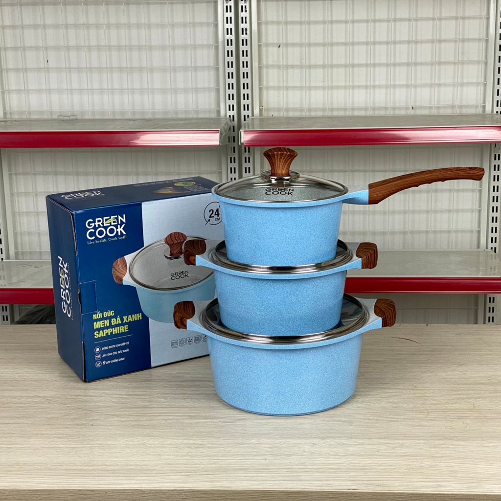 Bộ 3 nồi đúc Greencook men đá xanh Sapphire GCS09-T1 size 18/20/24cm