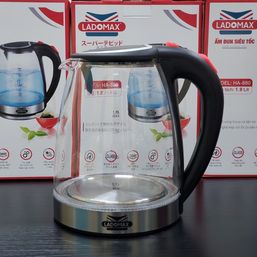 Ấm đun siêu tốc Thủy Tinh 1.8L Ladomax Ha-880 (1tx12)