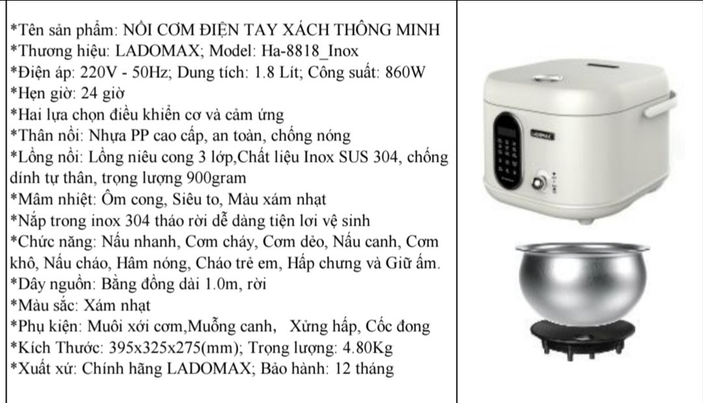 Nồi cơm điện tử 1.8L Ladomax Ha-8818 lòng Inox 3 lớp, chống dính tự thân (1tx4)