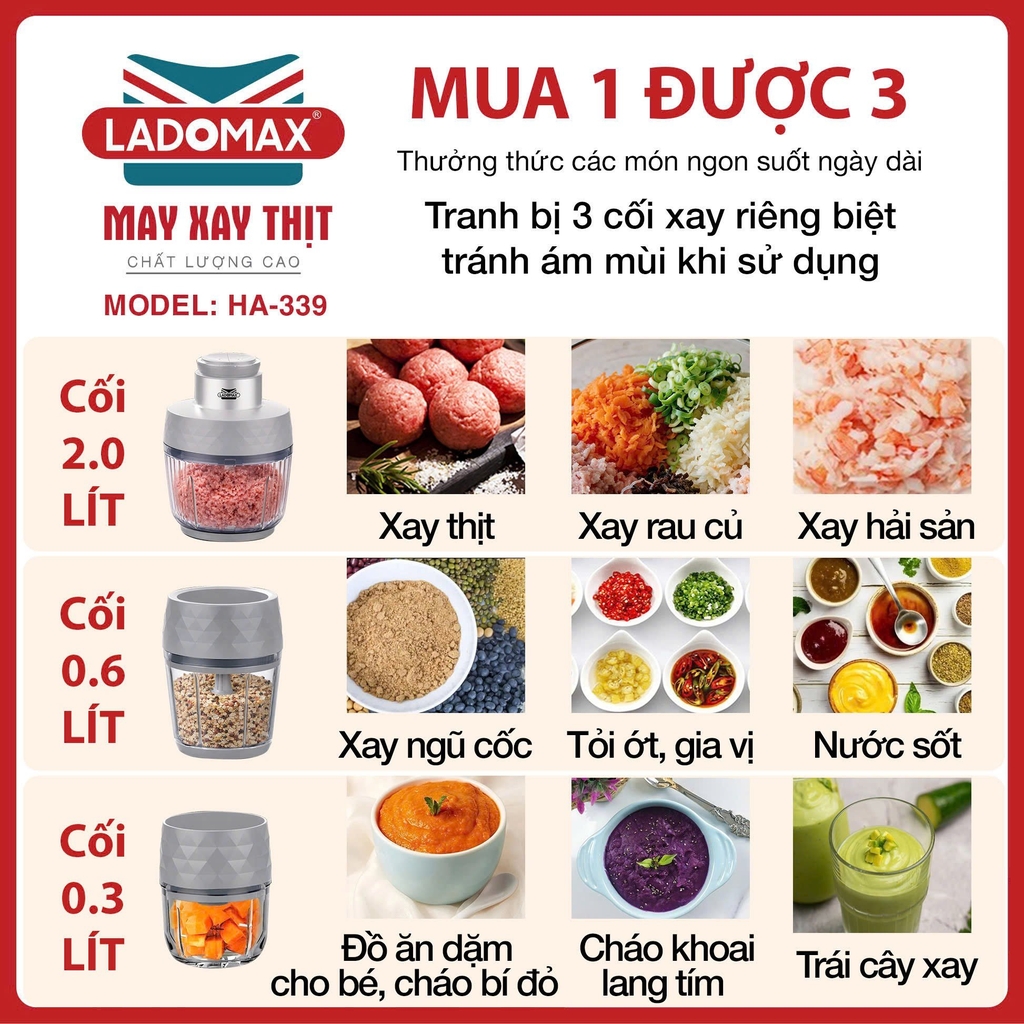 Máy xay thịt 3 cối Ladomax Ha-339 (1tx1)