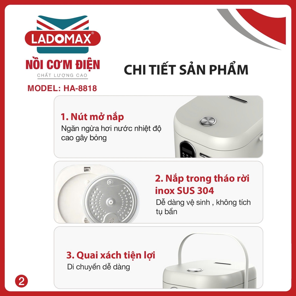 Nồi cơm điện tử 1.8L Ladomax Ha-8818 lòng Inox 3 lớp, chống dính tự thân (1tx4)