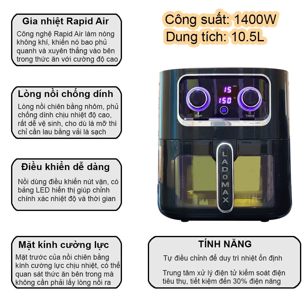 Nồi Chiên Không Dầu Led 10.5L Ladomax Ha-5610-Led (1tx4)