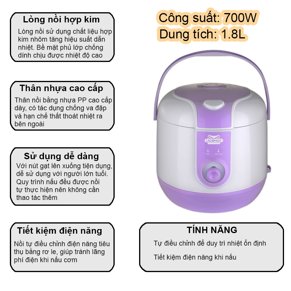 Nồi cơm điện nắp gài 1.8L Ladomax Ha-7318 (1tx4)