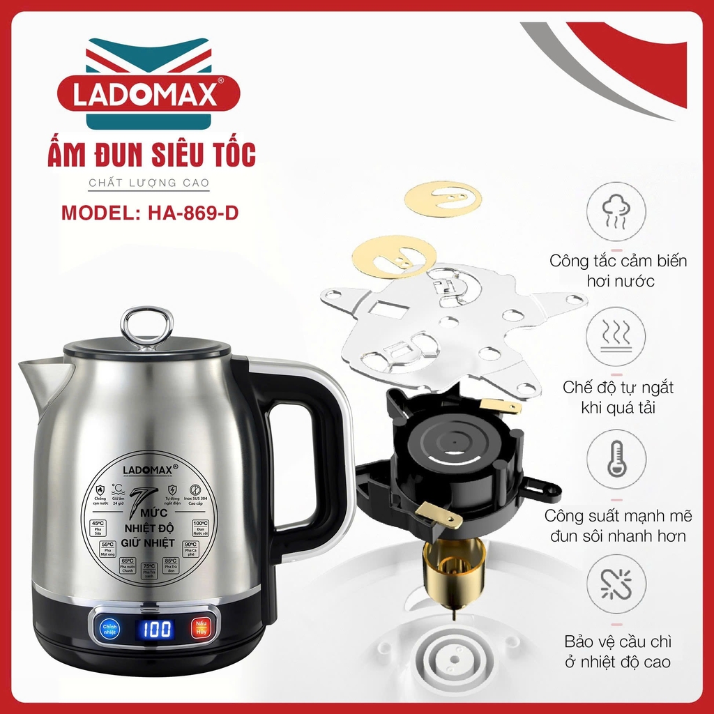 Ấm đun siêu tốc giữ nhiệt 1.8L Inox 304 Ladomax Ha-869D, điện tử (1tx12)