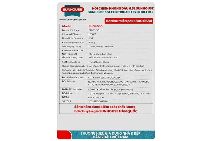 Nồi chiên không dầu 6.5L Sunhouse SHD4030