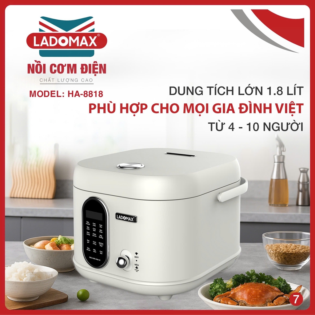 Nồi cơm điện tử 1.8L Ladomax Ha-8818 lòng Inox 3 lớp, chống dính tự thân (1tx4)