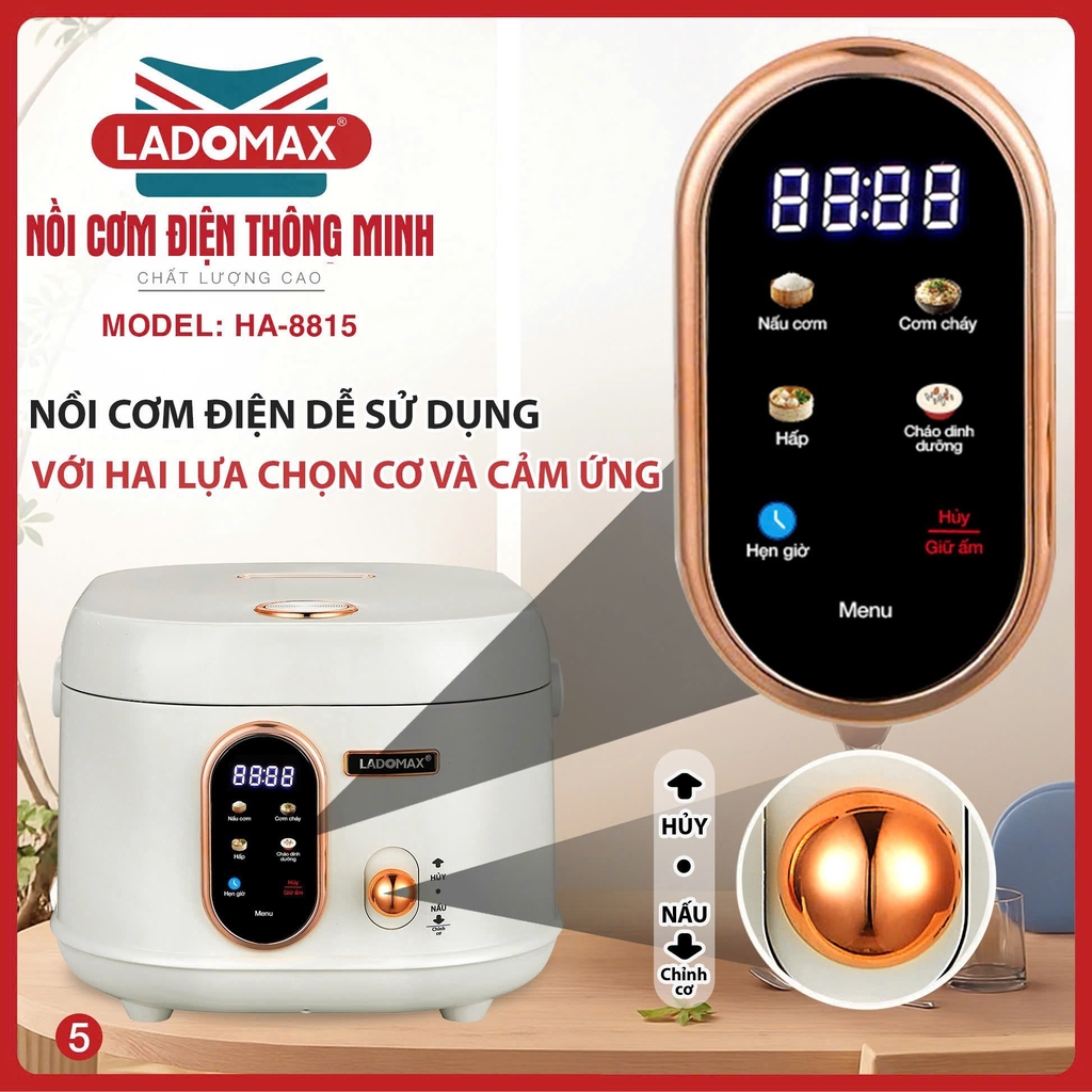 Nồi cơm điện tử 1.5L Ladomax Ha-8815, Lòng Gang (1tx4)