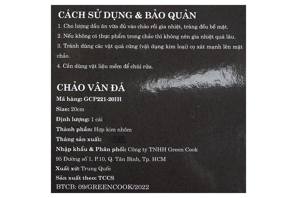 Chảo vân đá chống dính Greencook GCP221-20IH (1tx6)
