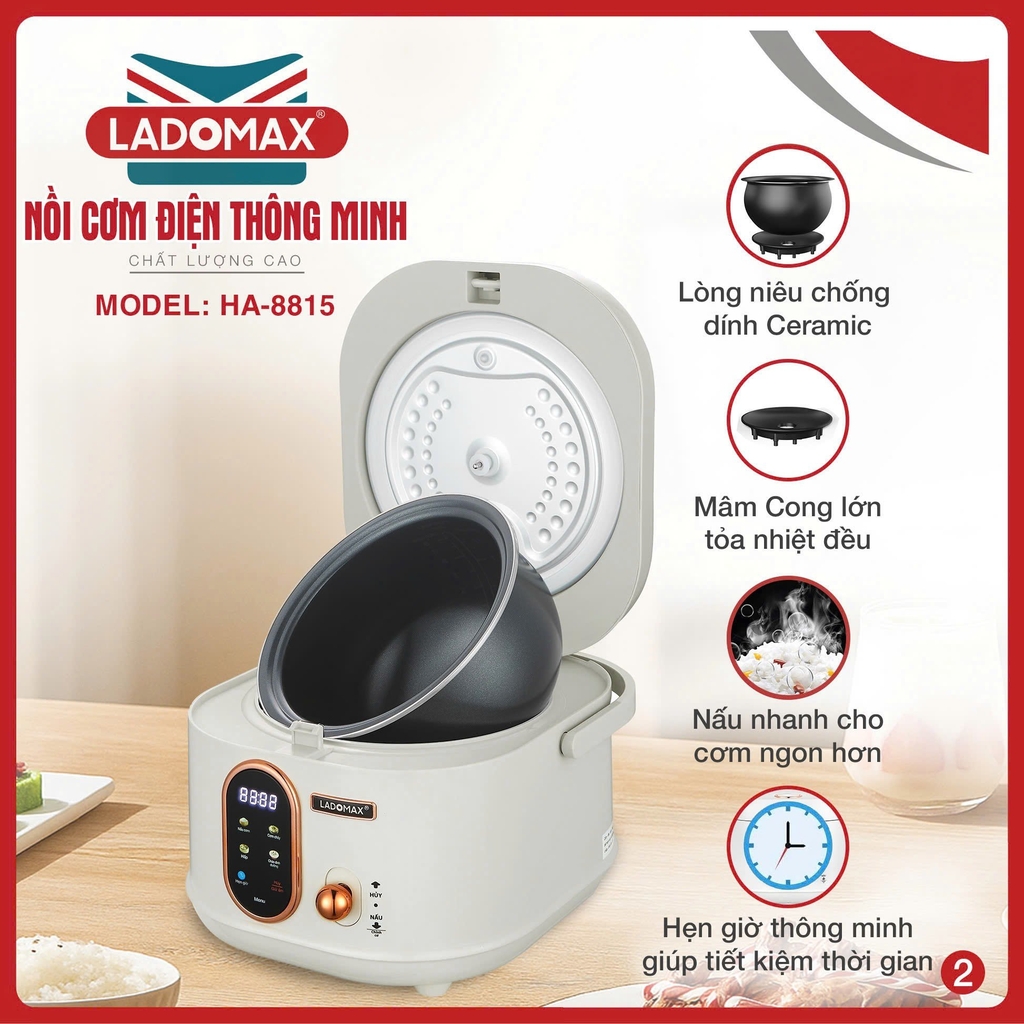 Nồi cơm điện tử 1.5L Ladomax Ha-8815, Lòng Gang (1tx4)