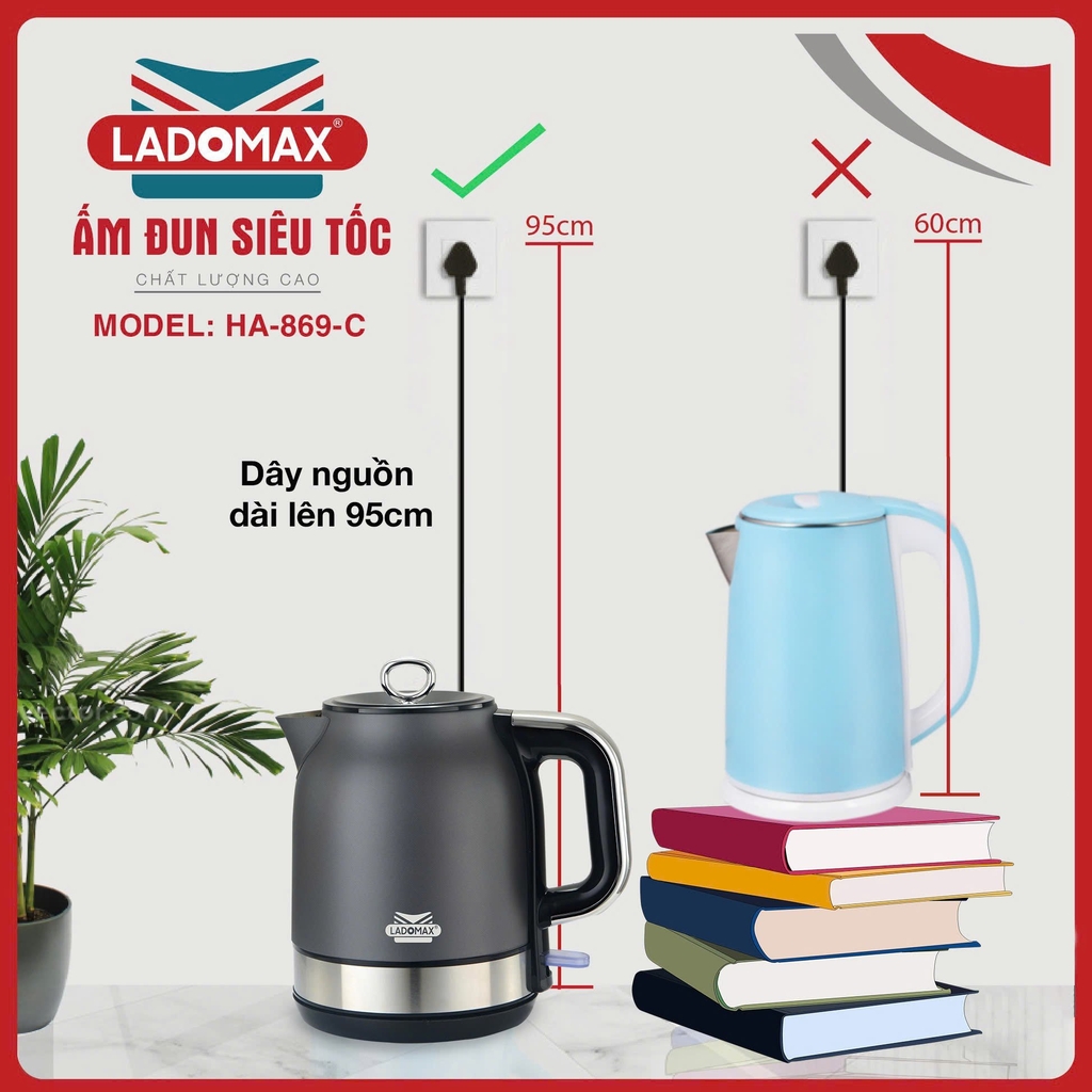 Ấm đun siêu tốc 1.8L inox 304 Ladomax Ha-869C, Cơ (1tx12)