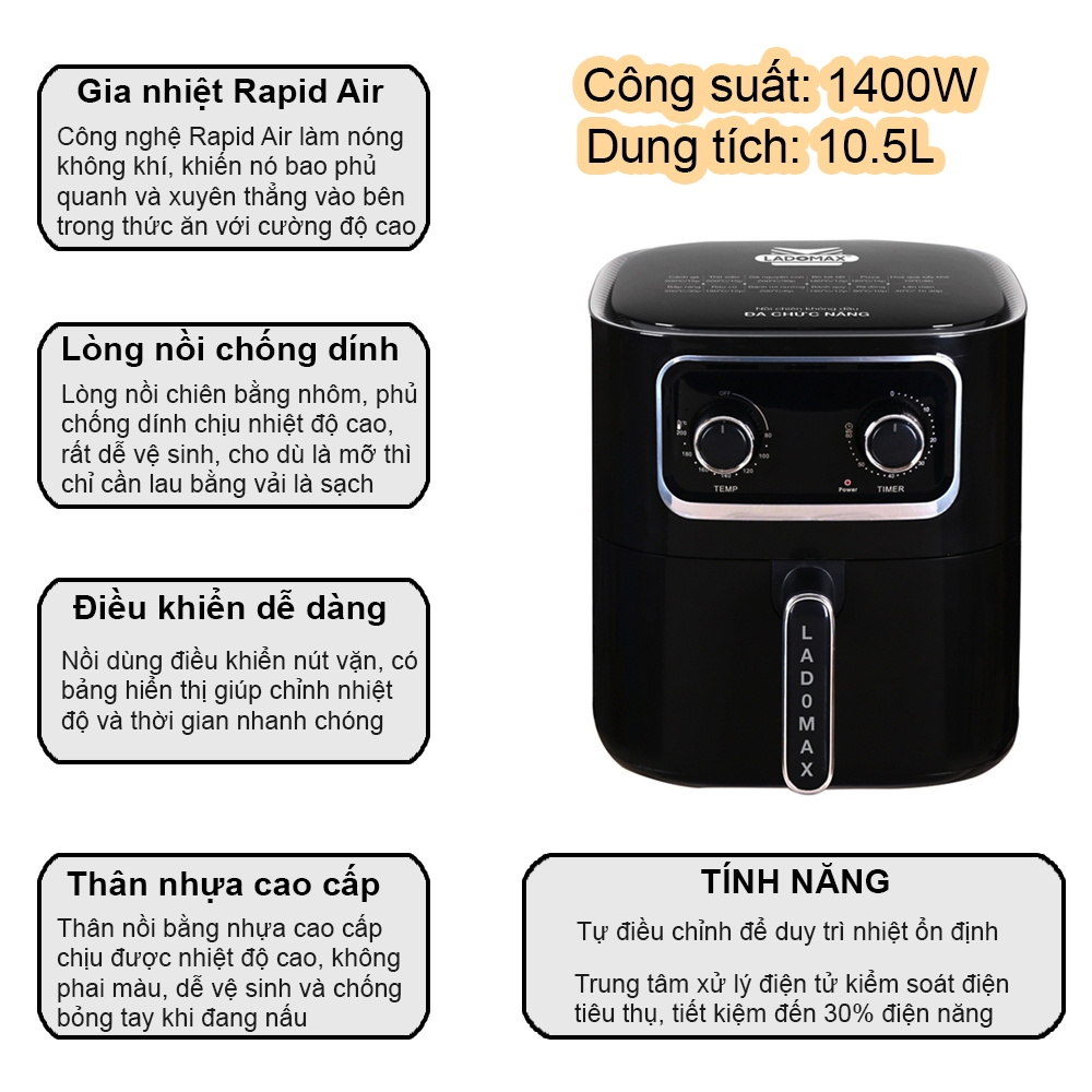 Nồi Chiên Không Dầu cơ 10.5L Ladomax Ha-5619-Cơ (1tx4)