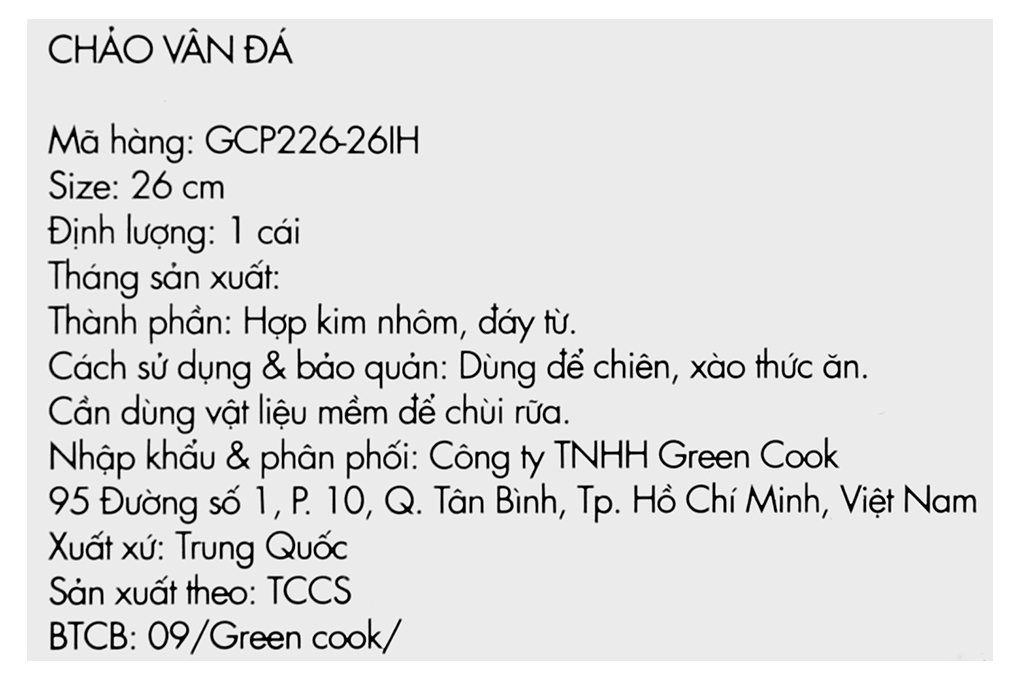 Chảo chống dính đáy từ 26cm Greencook GCP226-26IH (1tx6)