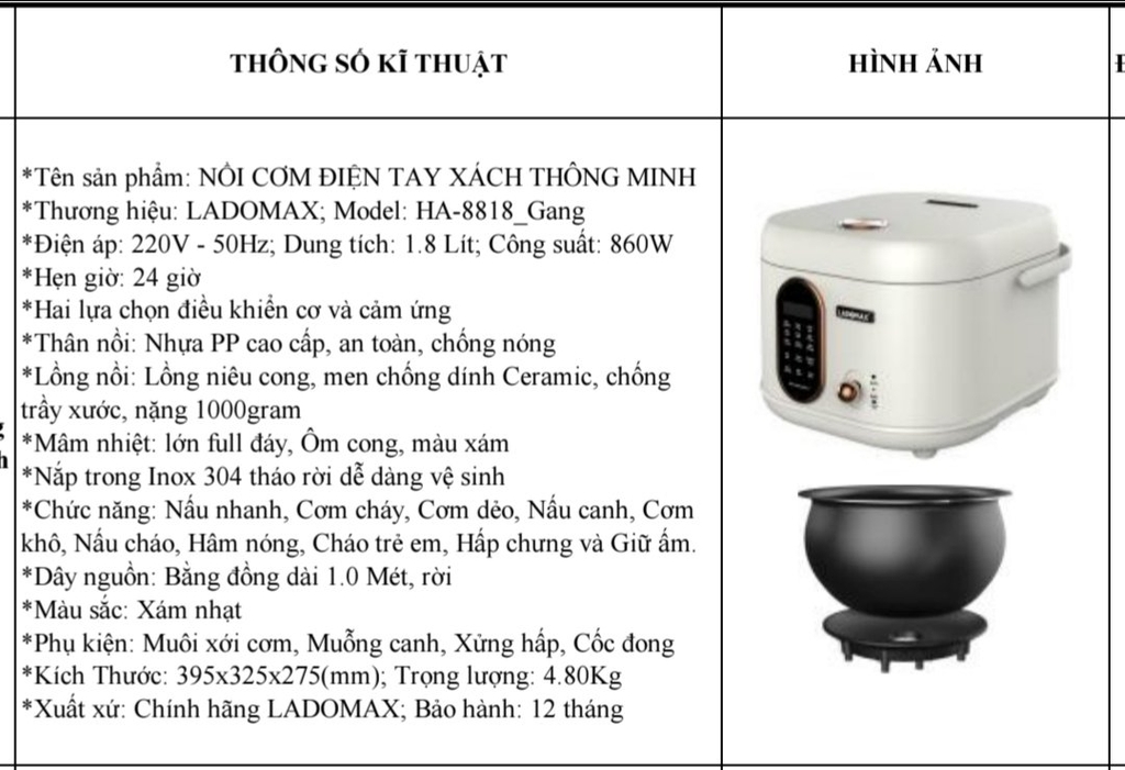 Nồi cơm điện tử 1.8L Ladomax Ha-8818 lòng nhôm, chống dính (1tx4)