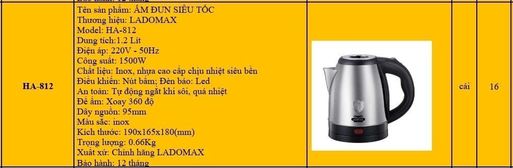 Ấm đun siêu tốc 1.2L Ladomax Ha-812 (1tx16)