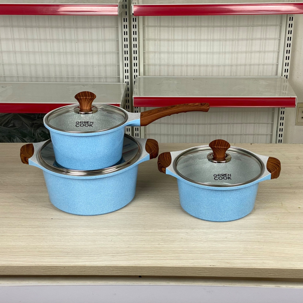 Bộ 3 nồi đúc Greencook men đá xanh Sapphire GCS09-T1 size 18/20/24cm