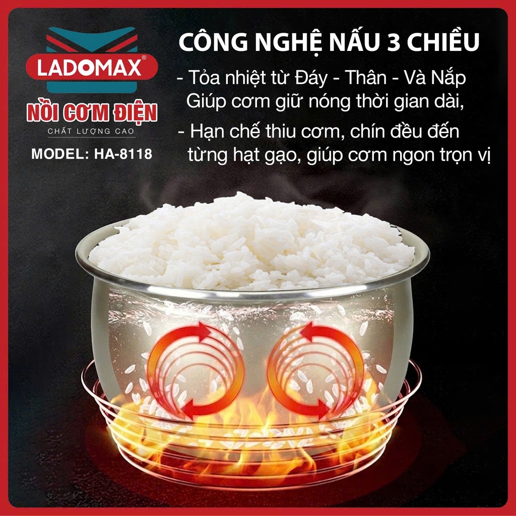 Nồi cơm điện 1.8L giữ ấm 3D Ladomax Ha-8118 (1tx4)