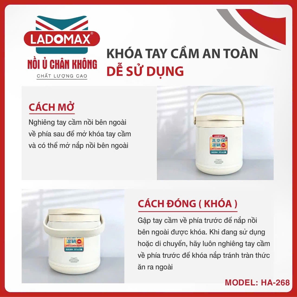 Nồi ủ chân không 5L Ladomax Ha-268, Inox 304