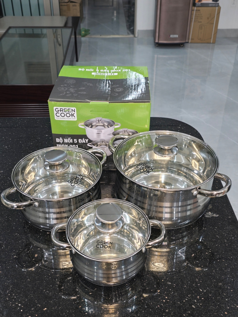 Bộ 3 nồi inox 201 5 đáy Greencook GCS251-T1