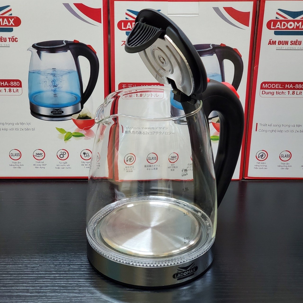Ấm đun siêu tốc Thủy Tinh 1.8L Ladomax Ha-880 (1tx12)