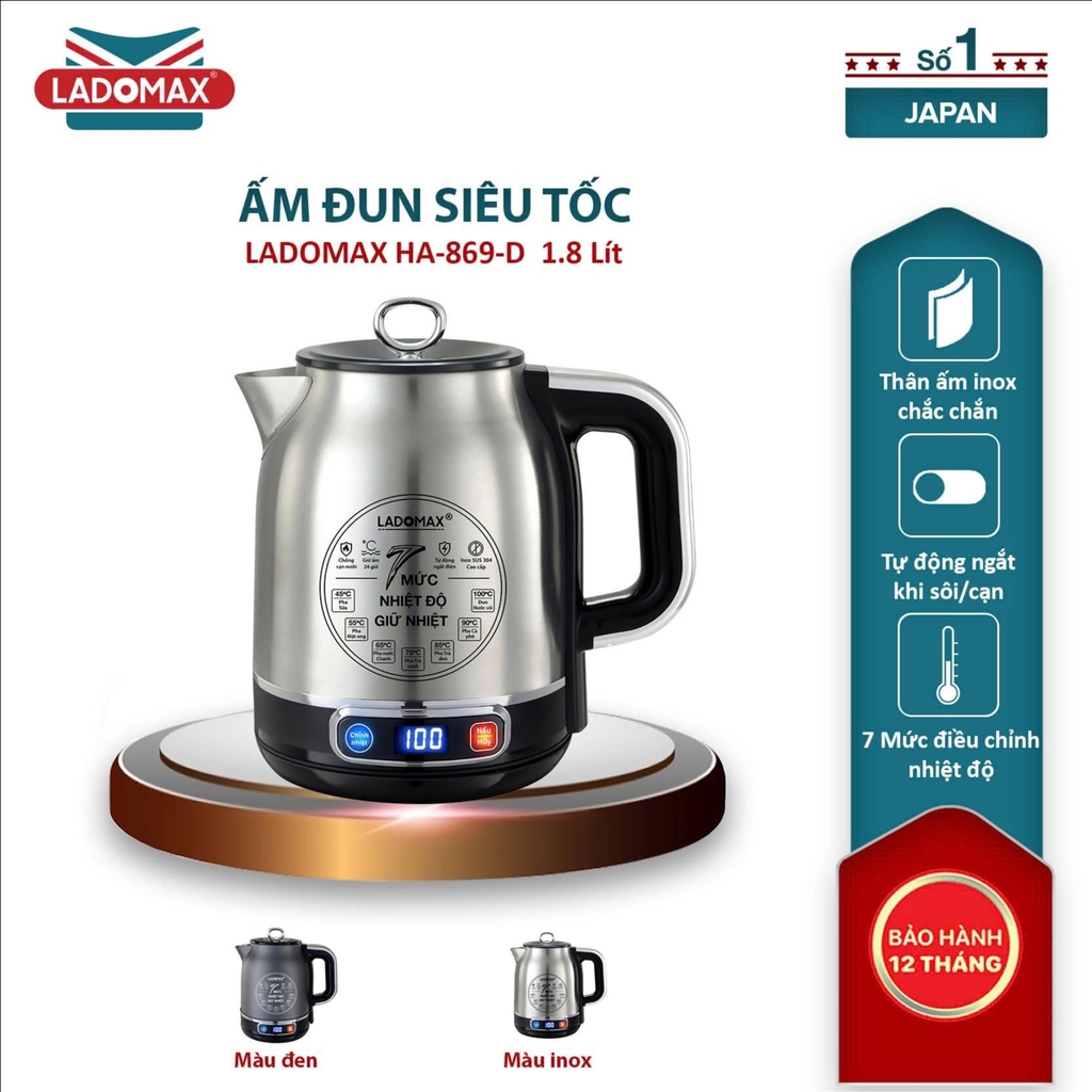 Ấm đun siêu tốc giữ nhiệt 1.8L Inox 304 Ladomax Ha-869D, điện tử (1tx12)