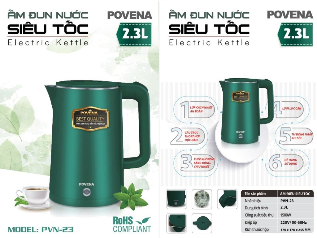 Ấm đun siêu tốc 2.3L Povena PVN23 (1tx12)