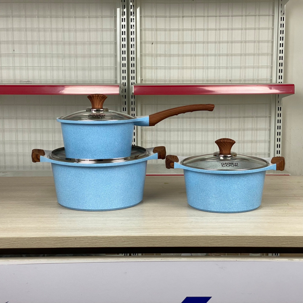 Bộ 3 nồi đúc Greencook men đá xanh Sapphire GCS09-T1 size 18/20/24cm