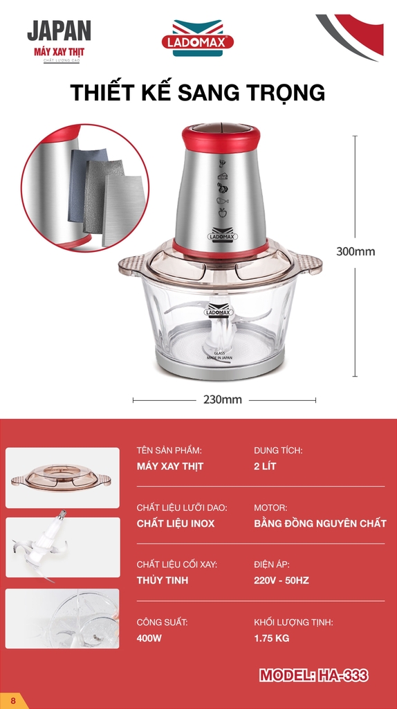 Máy xay thịt cối thủy tinh 2.0L Ladomax Ha-333INOX, 400W, thân máy inox (1tx8)