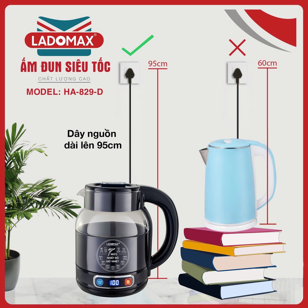Ấm siêu tốc giữ ấm thủy tinh 2.0L Ladomax Ha-829D, điện tử (1tx12)