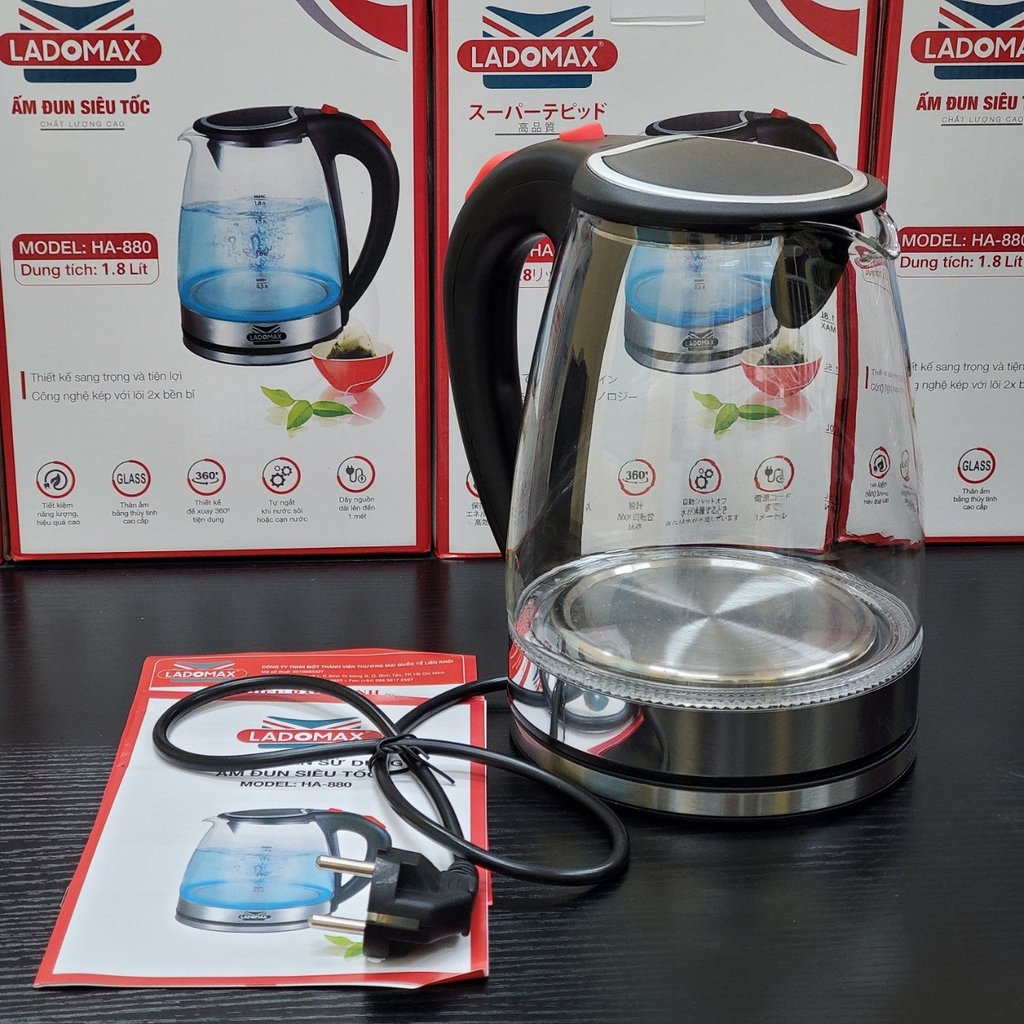 Ấm đun siêu tốc Thủy Tinh 1.8L Ladomax Ha-880 (1tx12)