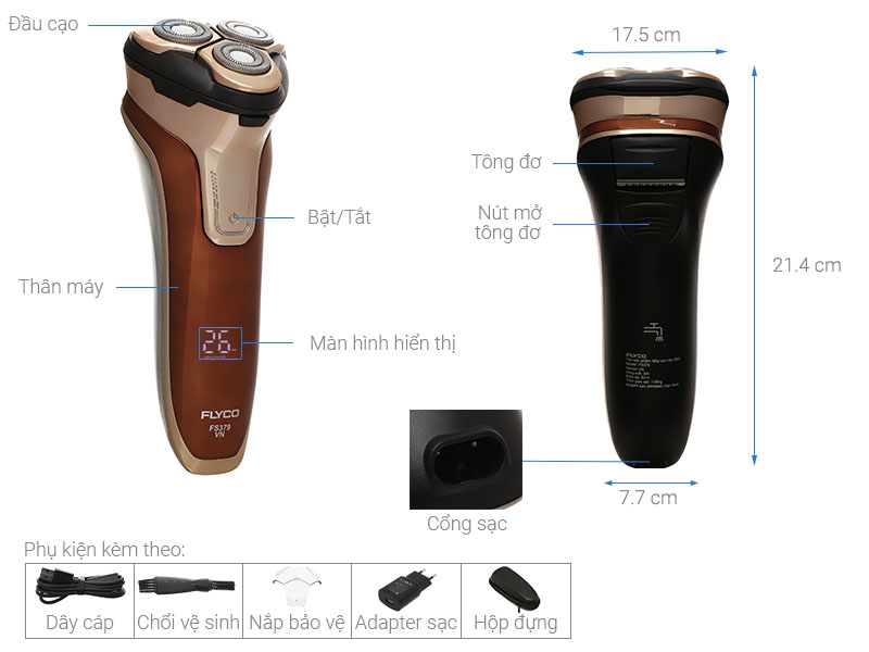 Máy cạo râu 3 lưỡi kép chống thấm nước Flyco FS379VN