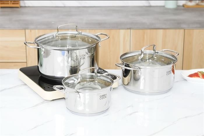 Bộ nồi inox 3 đáy nắp kính GreenCook GCS2519-T1 (1tx4)
