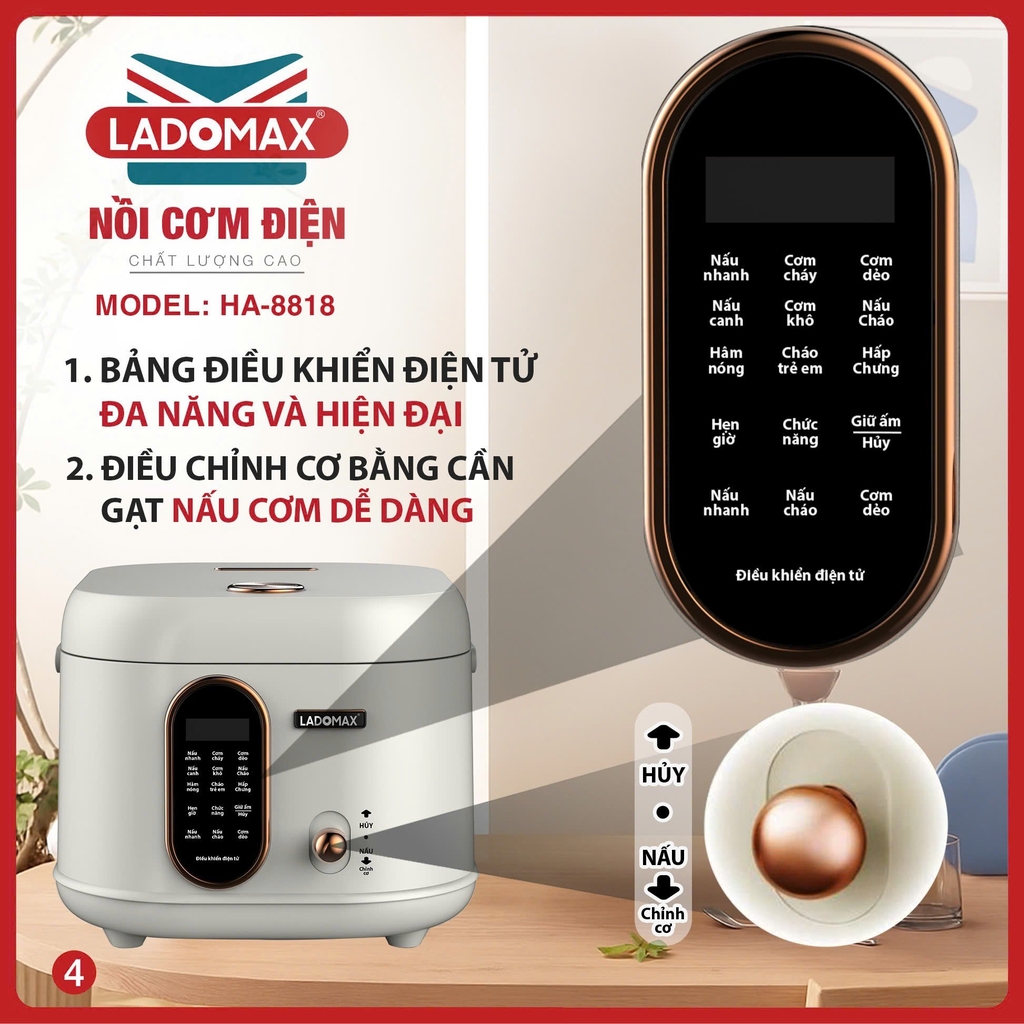 Nồi cơm điện tử 1.8L Ladomax Ha-8818 lòng nhôm, chống dính (1tx4)