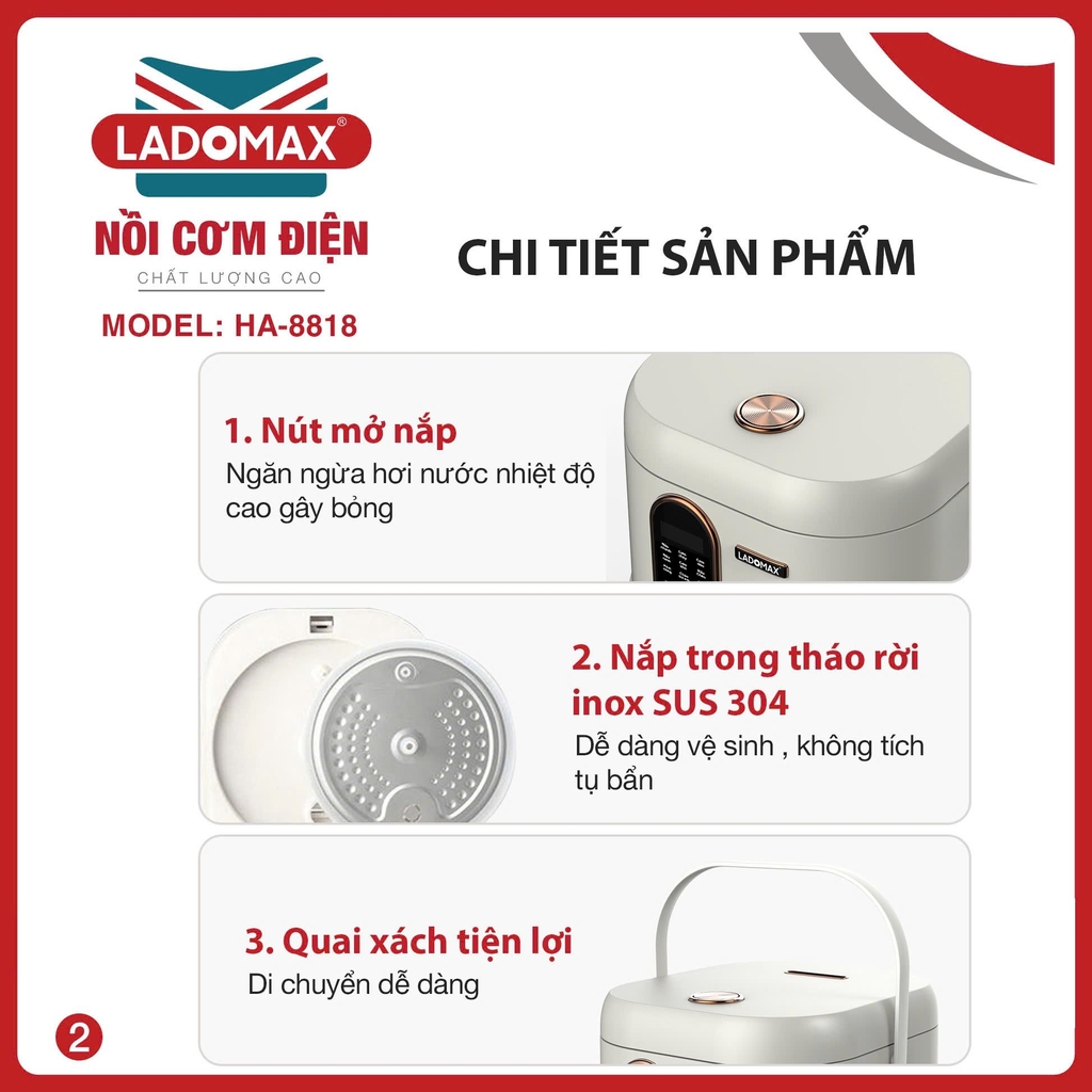 Nồi cơm điện tử 1.8L Ladomax Ha-8818 lòng nhôm, chống dính (1tx4)
