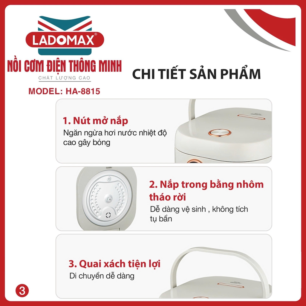 Nồi cơm điện tử 1.5L Ladomax Ha-8815, Lòng Gang (1tx4)