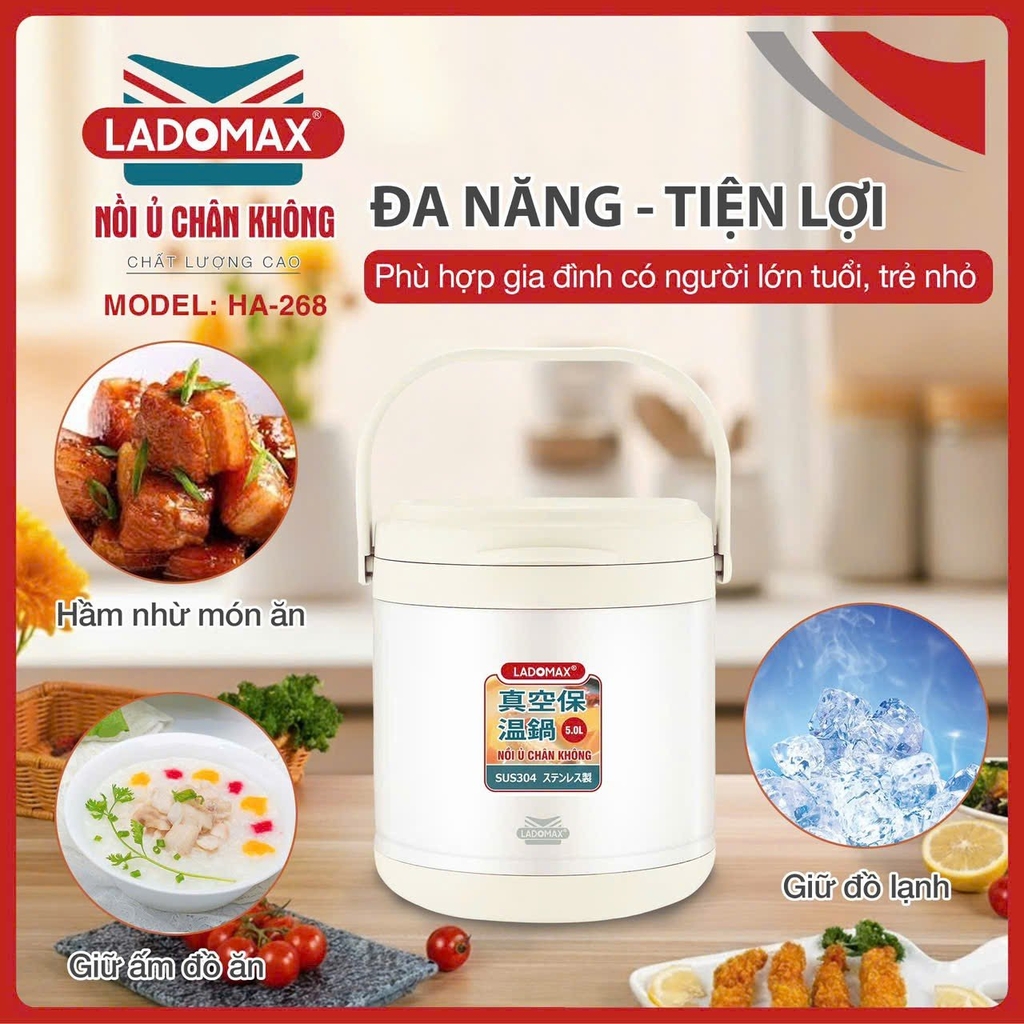 Nồi ủ chân không 5L Ladomax Ha-268, Inox 304