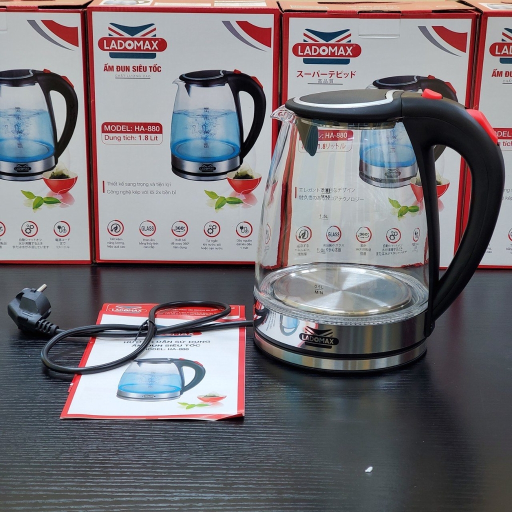Ấm đun siêu tốc Thủy Tinh 1.8L Ladomax Ha-880 (1tx12)