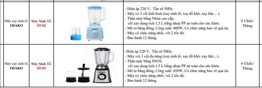 Máy xay sinh tố 2 cối nhựa Osako ST02, 400W, (1tx6)