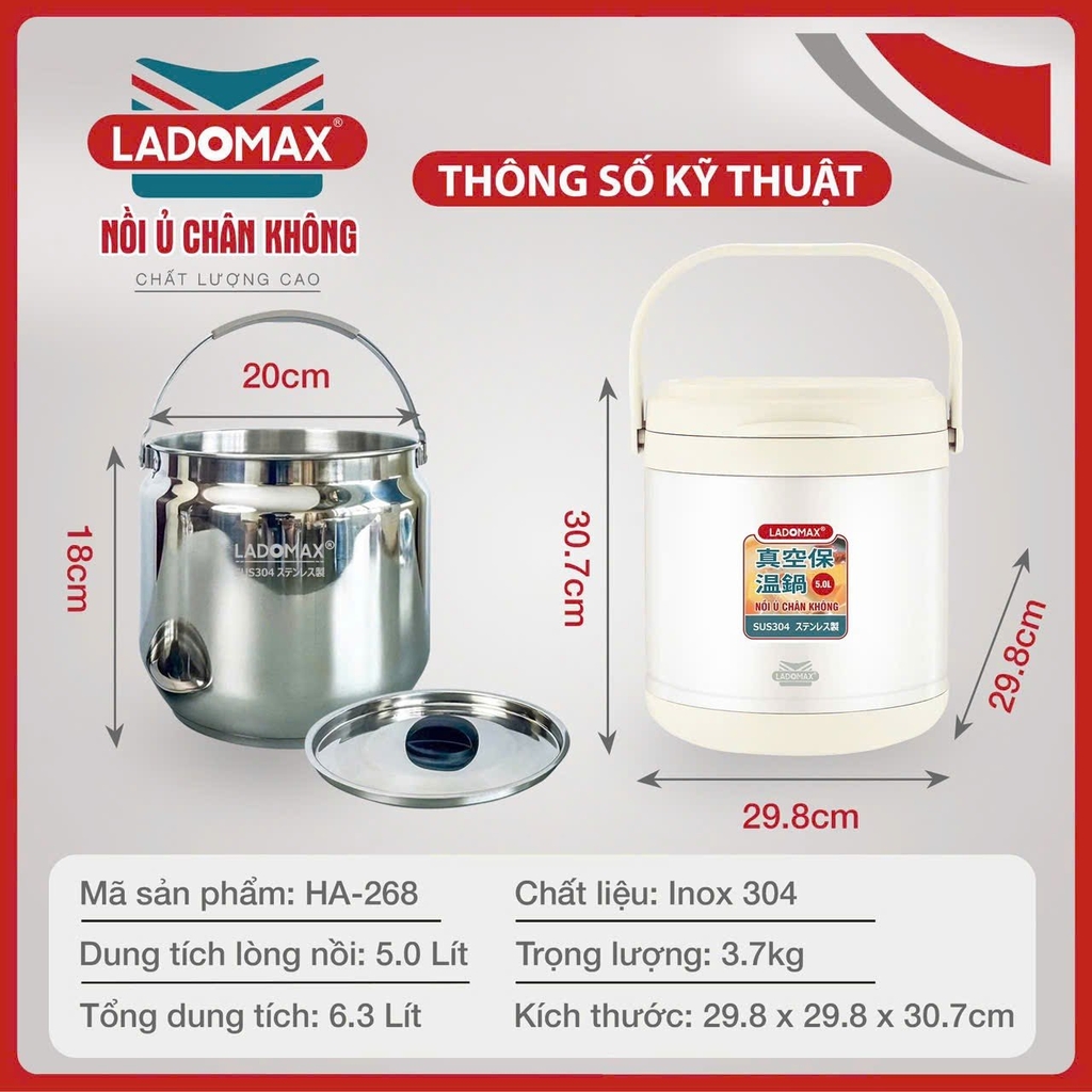 Nồi ủ chân không 5L Ladomax Ha-268, Inox 304