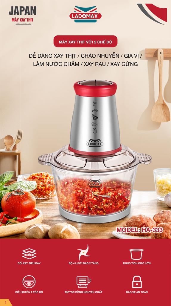Máy xay thịt cối thủy tinh 2.0L Ladomax Ha-333INOX, 400W, thân máy inox (1tx8)