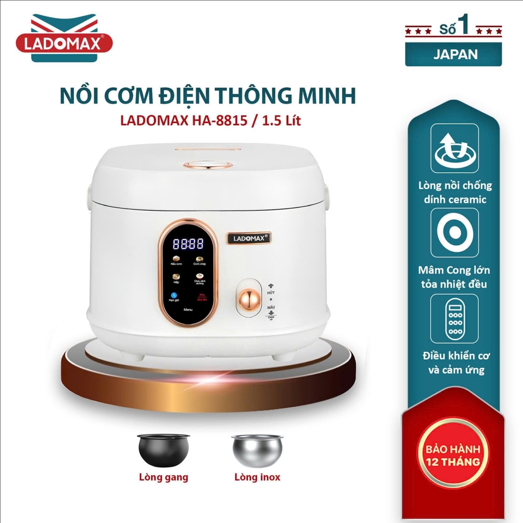 Nồi cơm điện tử 1.5L Ladomax Ha-8815, Lòng Gang (1tx4)
