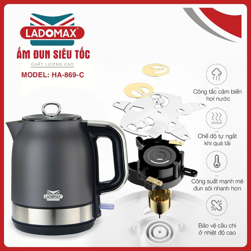Ấm đun siêu tốc 1.8L inox 304 Ladomax Ha-869C, Cơ (1tx12)