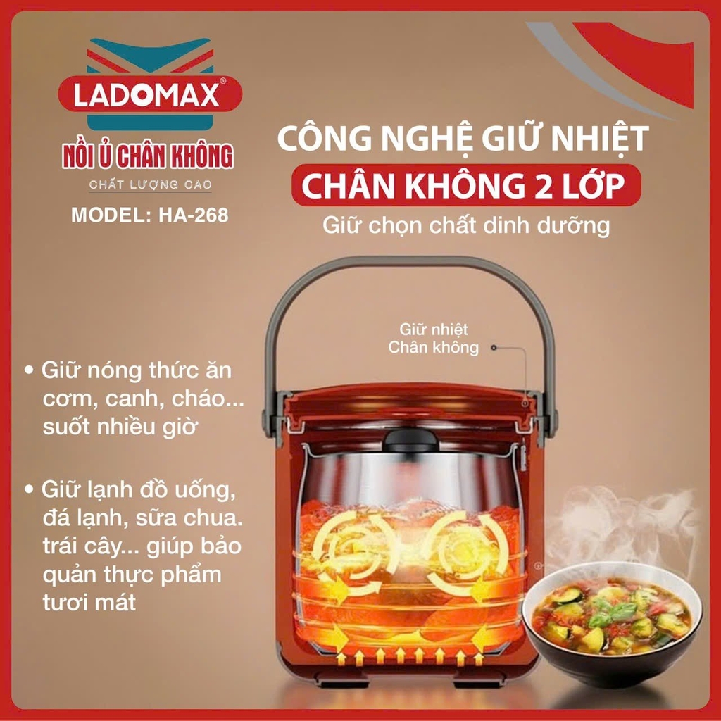 Nồi ủ chân không 5L Ladomax Ha-268, Inox 304