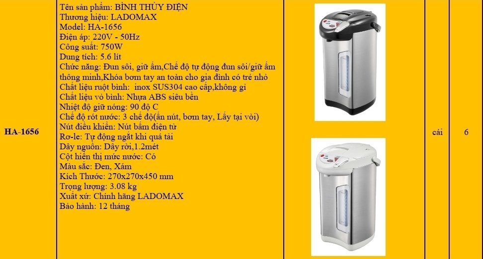 Bình thủy điện 5.6L Ladomax Ha-1656 (1tx6)