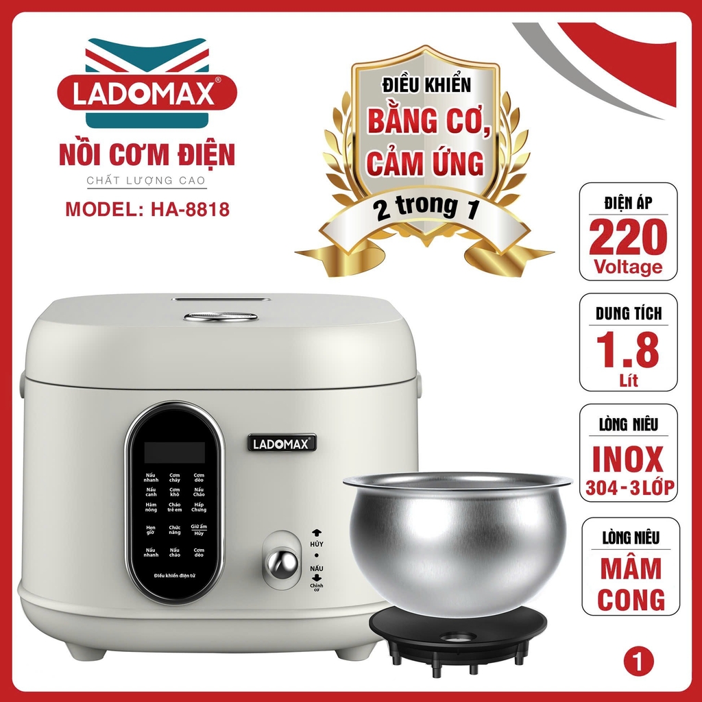 Nồi cơm điện tử 1.8L Ladomax Ha-8818 lòng Inox 3 lớp, chống dính tự thân (1tx4)