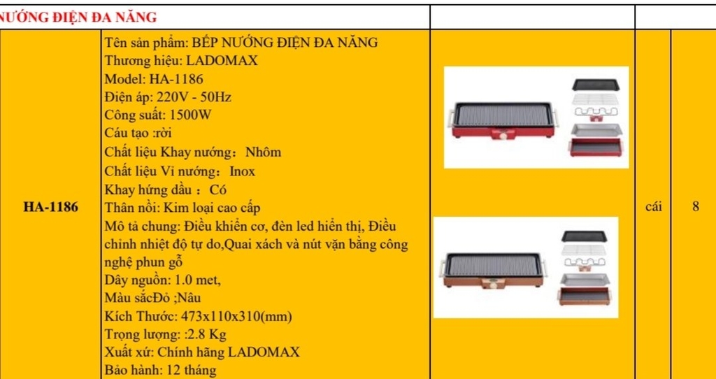 Bếp nướng điện Ladomax Ha-1186 (1tx8)