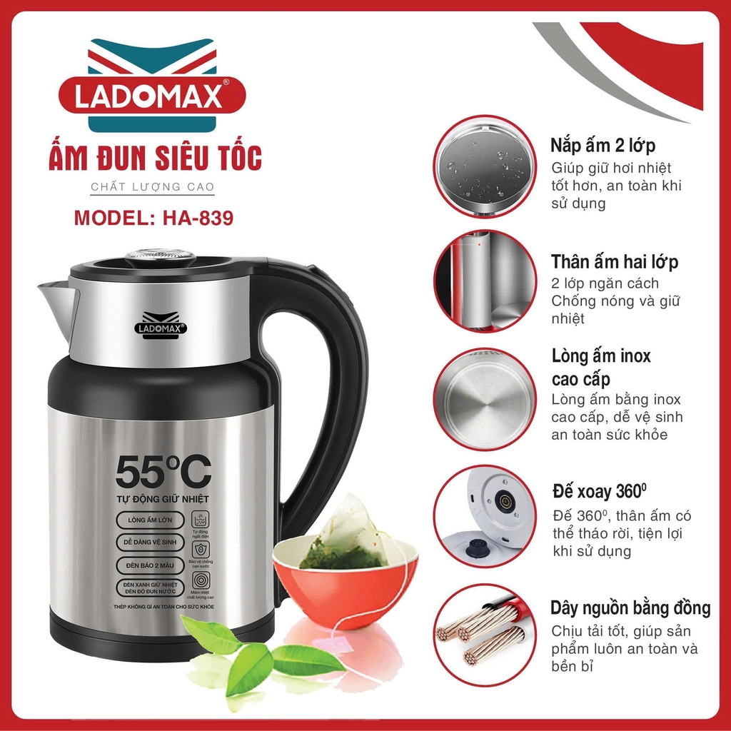 Ấm đun siêu tốc Ladomax Ha-839, tự giữ ấm (1tx16)