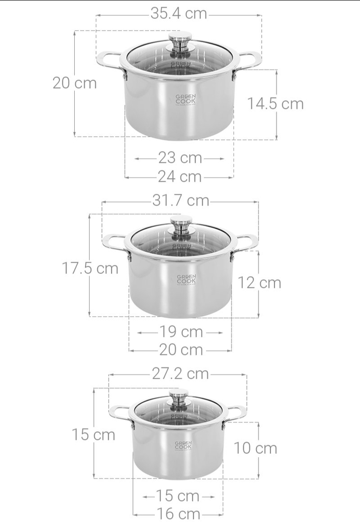 Bộ 3 nồi inox 3 lớp nguyên khối nắp kính GreenCook GCS256-T1 (1tx4)