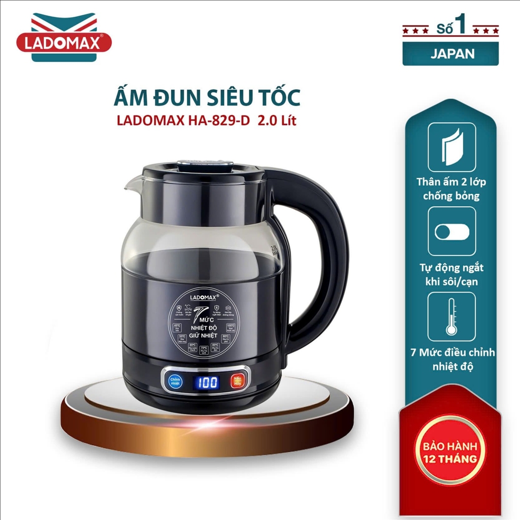 Ấm siêu tốc giữ ấm thủy tinh 2.0L Ladomax Ha-829D, điện tử (1tx12)